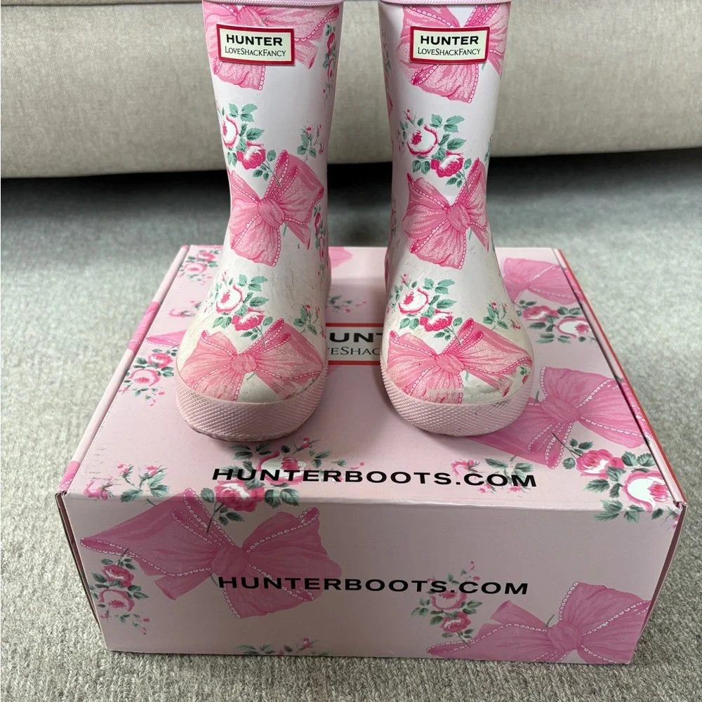 Hunter x LoveShackFancy Girls Pink Floral Bow Rain Boots - Picture 1 of 10